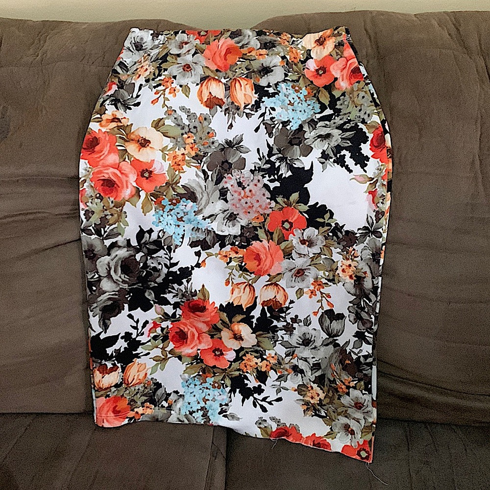 White Floral Knee Length Skirt